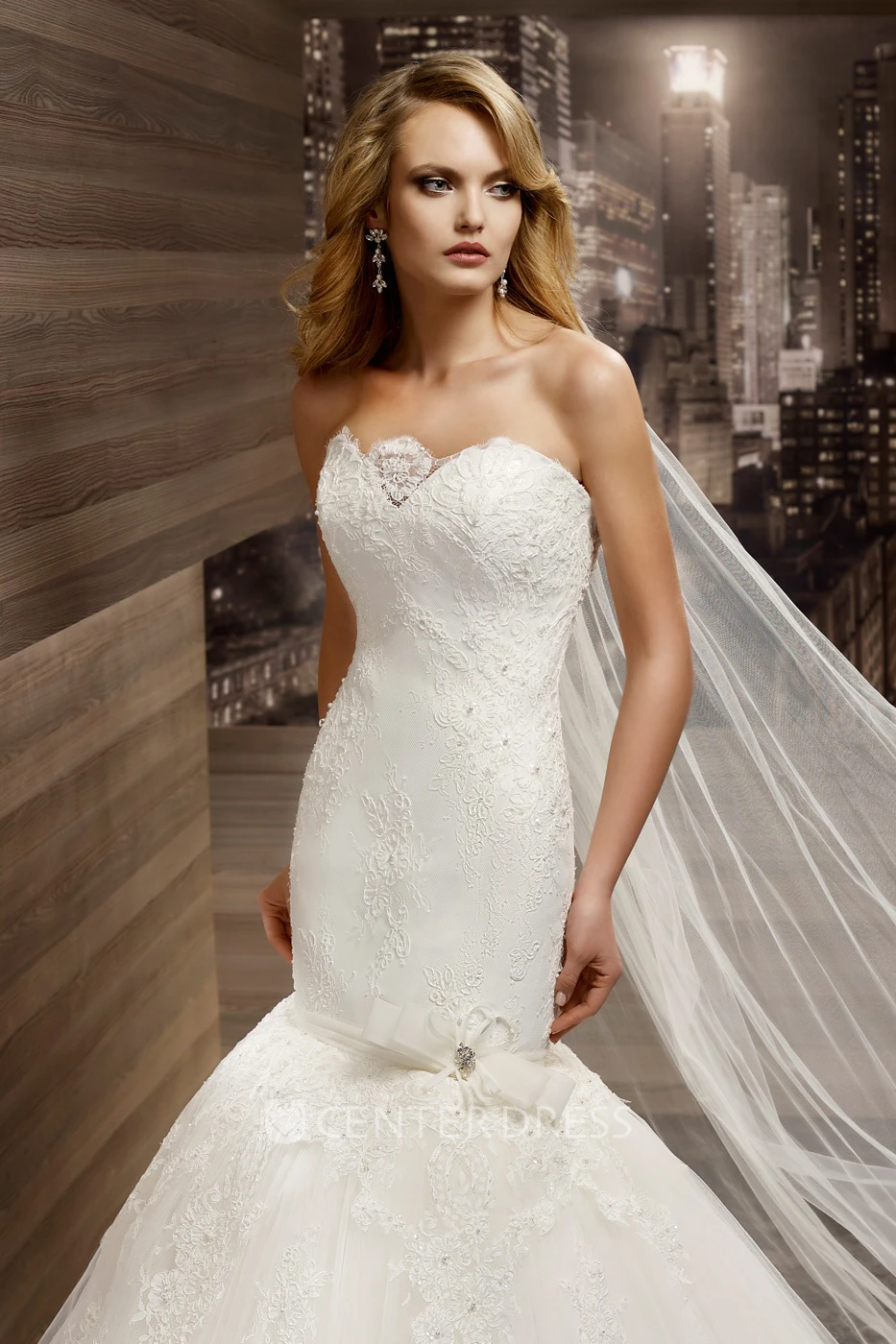 Strapless Sheath Mermaid Lace Gown with Flower Embellishment