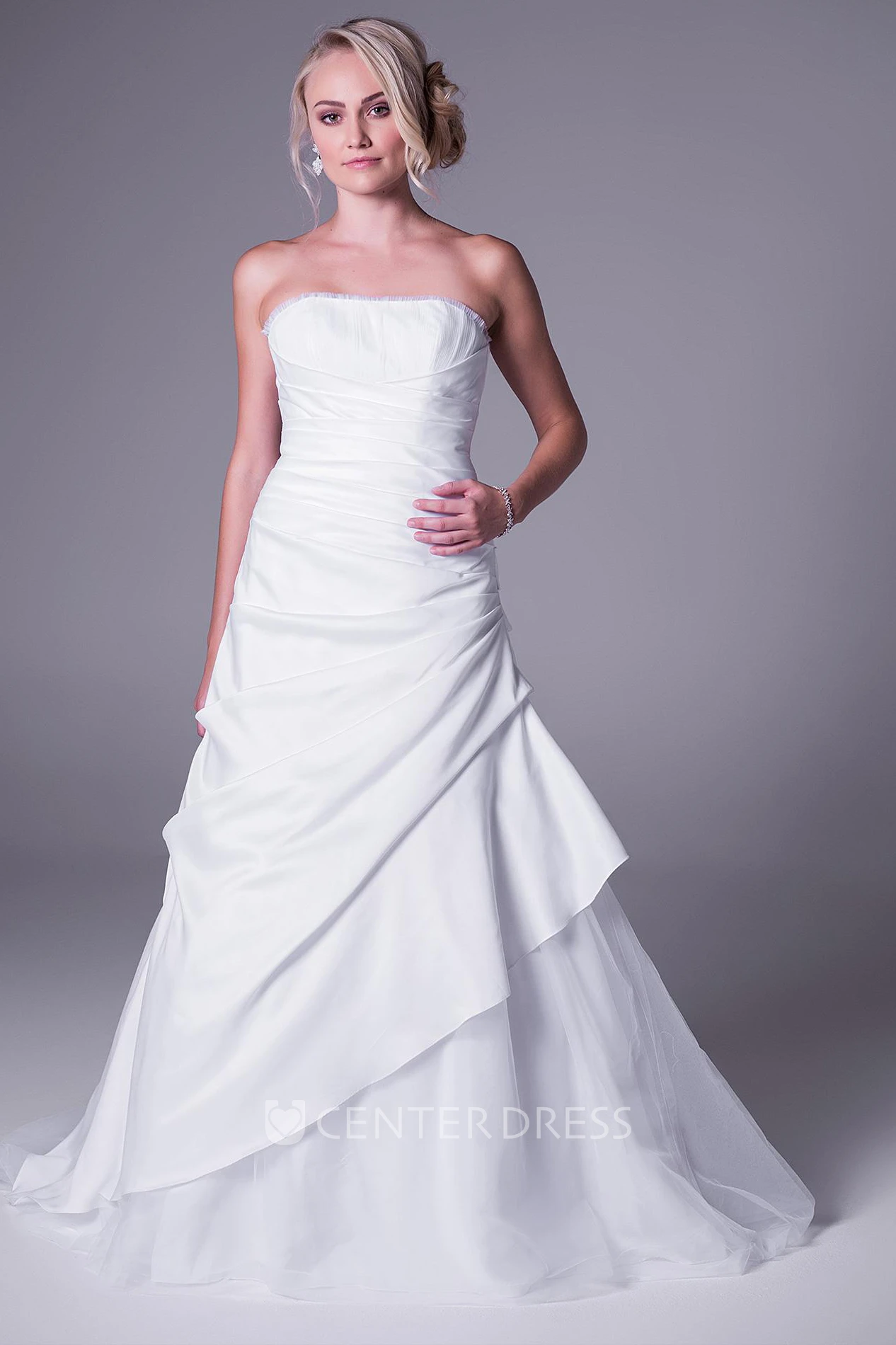 A-Line Sleeveless Draped Strapless Floor-Length Satin&Tulle Wedding Dress