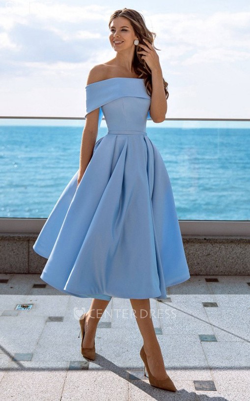 Gorgeous Tea Length A Line Off the shoulder Satin Cocktail Dress