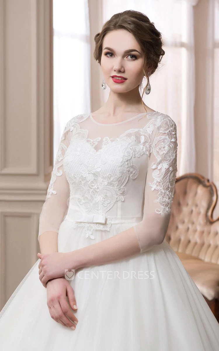 Scoop Long Sleeve Ball Gown Dress With Illusion Sleeves
