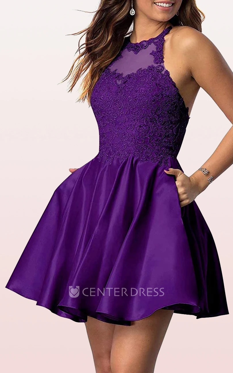 Adorable A Line Satin Lace Jewel Sleeveless Homecoming Dress with Pleats
