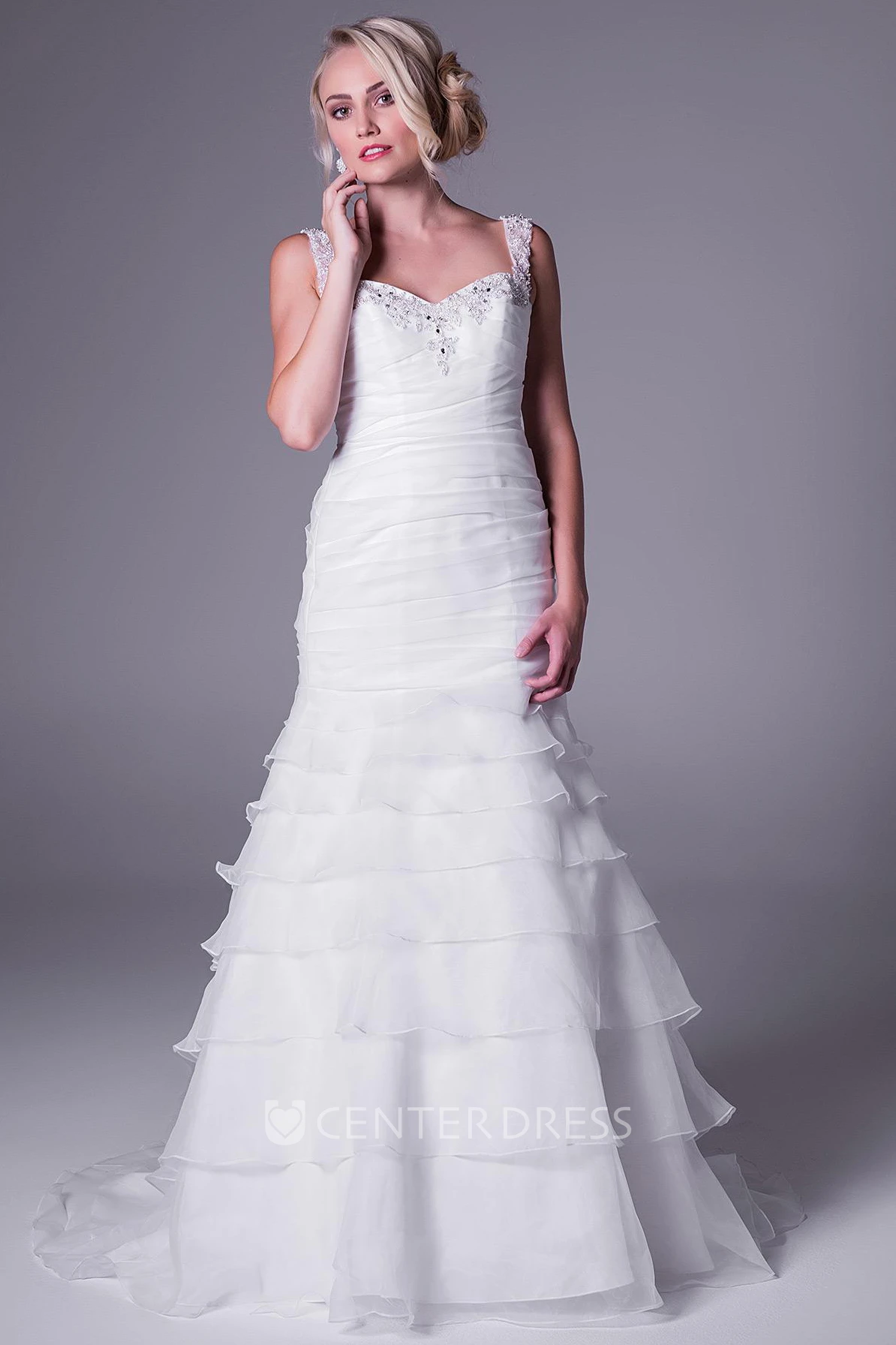 A-Line Floor-Length Tiered Sleeveless Strapped Organza Wedding Dress With Beading
