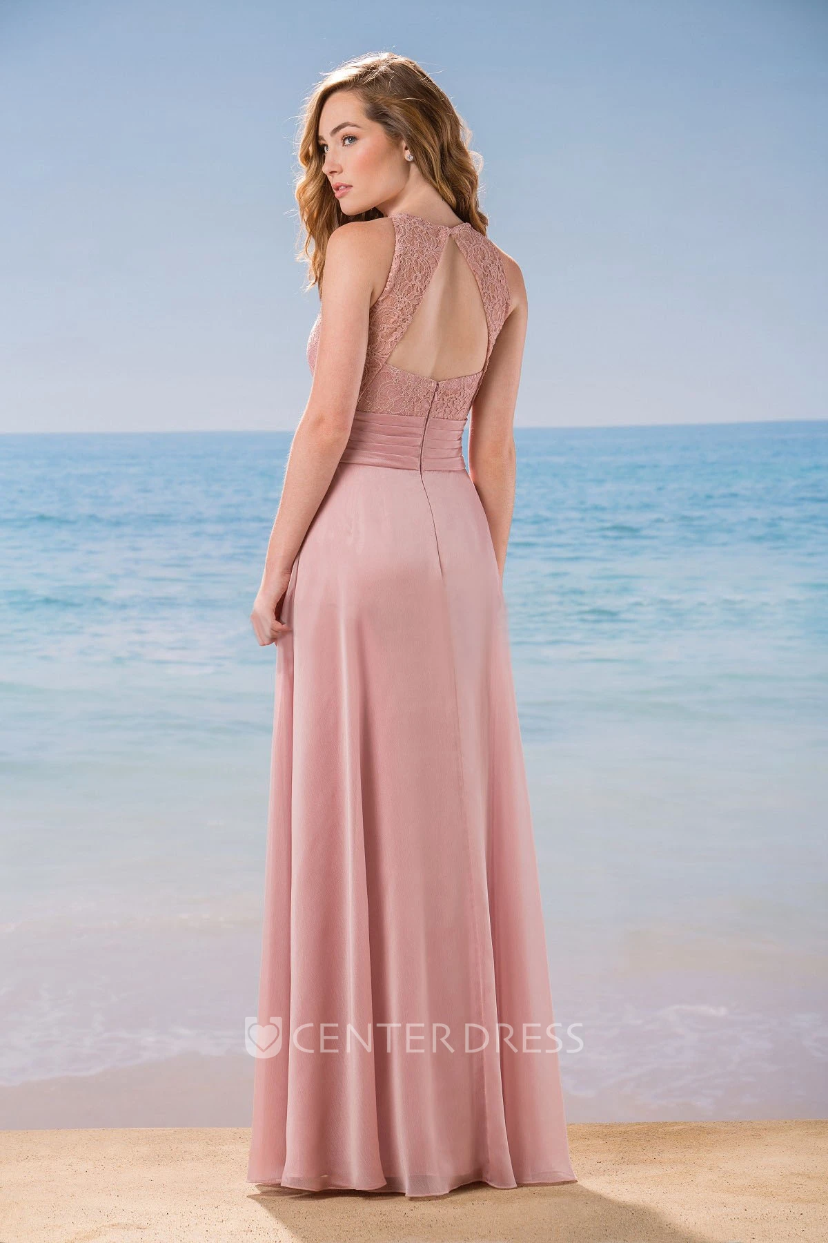 High-Neck A-Line Gown With Front Slit And Keyhole Back
