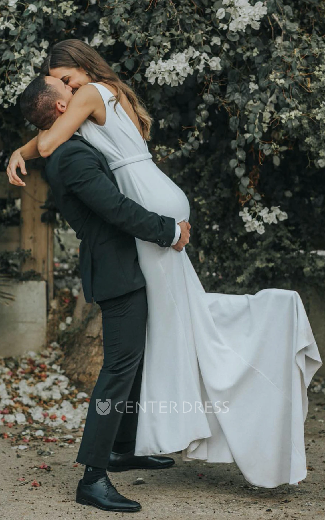 Romantic Plunging Neckline Satin Beach Spring Wedding Dress with Deep-V Back Mermaid & Classy