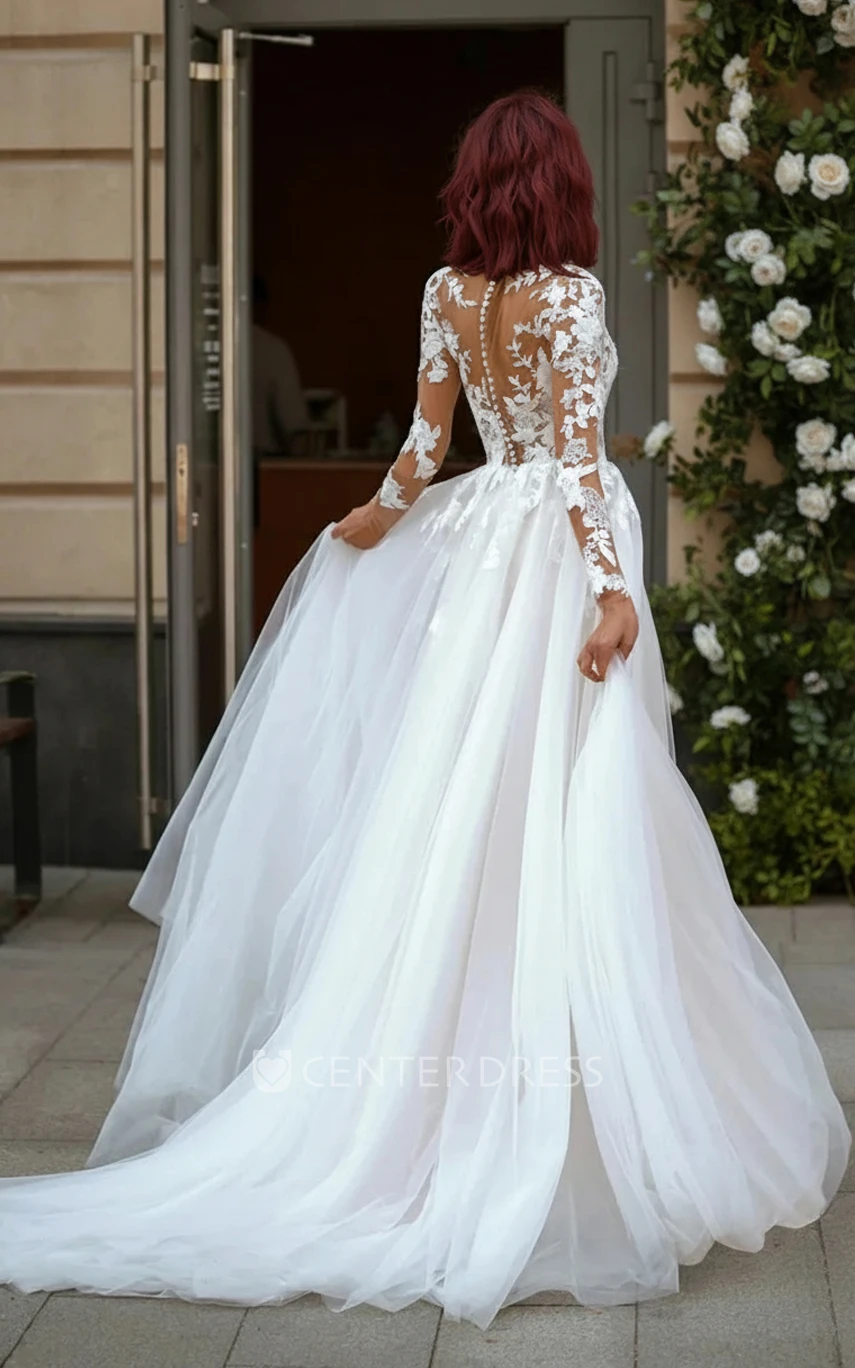 Romantic Lace Applique A-Line Wedding Dress with Long Sleeves V Neck and Train Backless Tulle Bridal Gown
