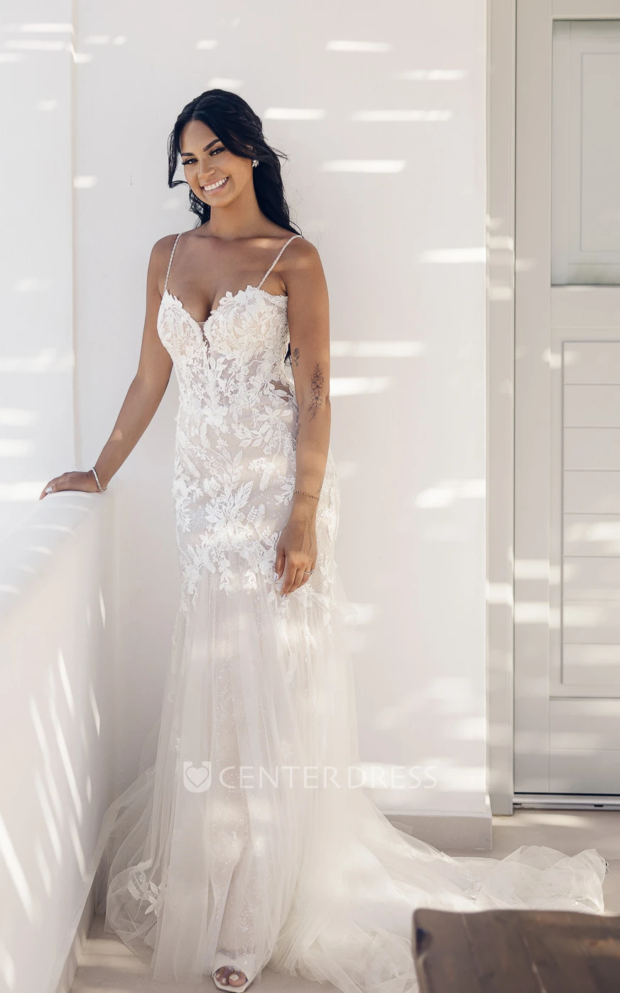 Elopement Beach Mermaid Boho Lace Spring Wedding Dress Floral Spaghetti Straps Floor Length Garden Bridal Gown