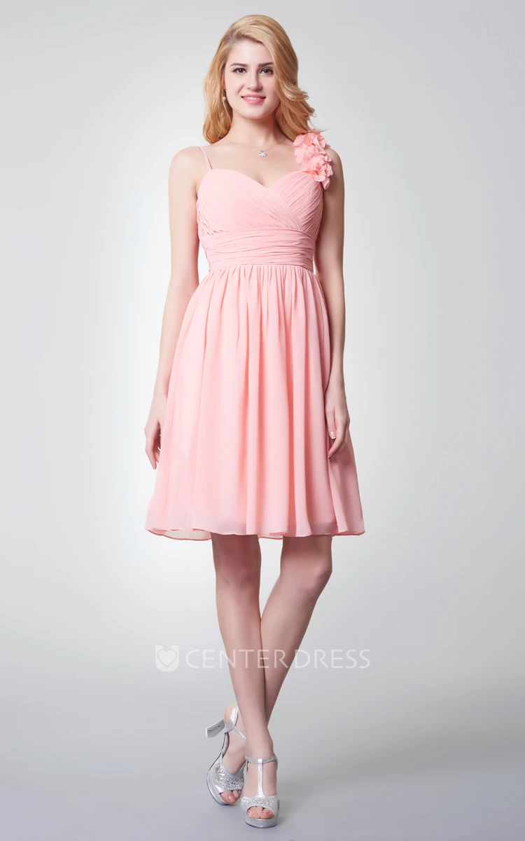 Sleeveless Empire Waist Straps Short Chiffon Bridesmaid Dress With Flower Detailing