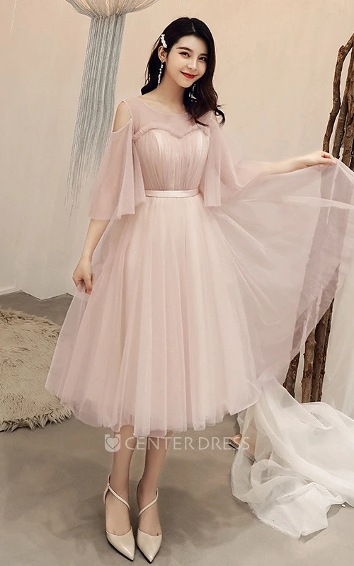 Simple Tulle Off-the-shoulder V-neck A Line Formal Cocktail Dress With Ruffles