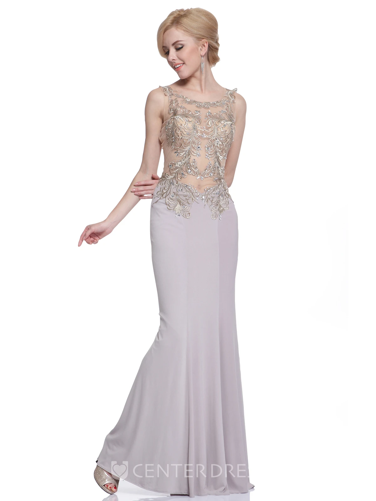 Sheath Scoop-Neck Sleeveless Jersey Illusion Dress With Beading And Embroidery