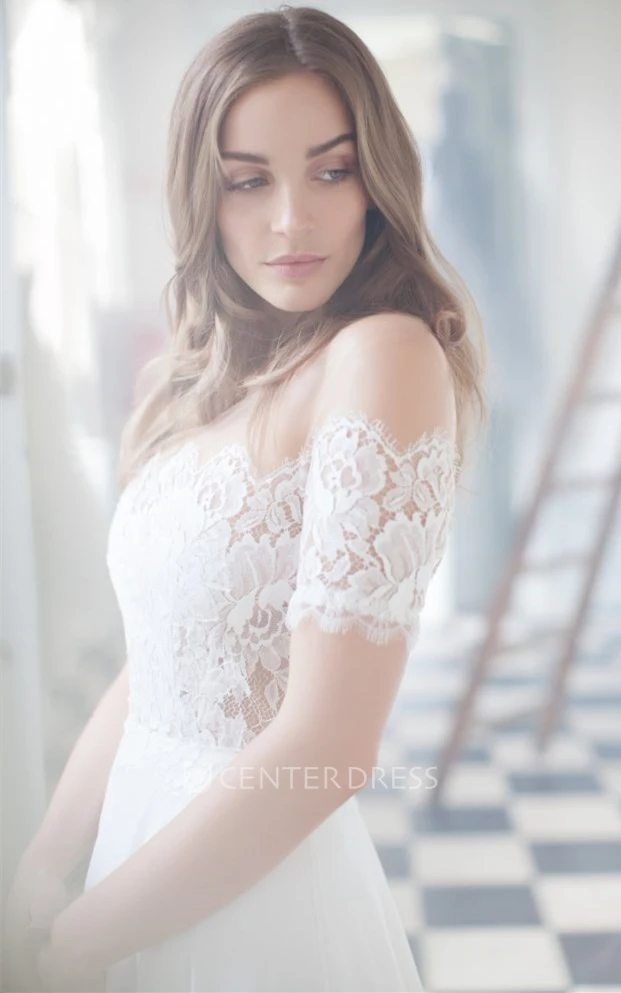 Simple Off-the-shoulder Lace A Line Sweep Train Spring Wedding Dress