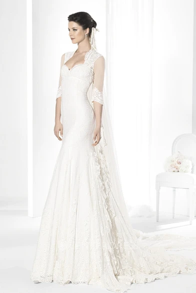 Sheath Half-Sleeve Sweetheart Ruffled Lace Wedding Dress With Illusion