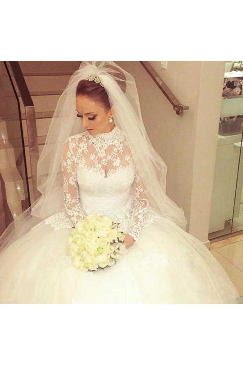 Ball Gown High Neck Lace Tulle Button Zipper Wedding Dress