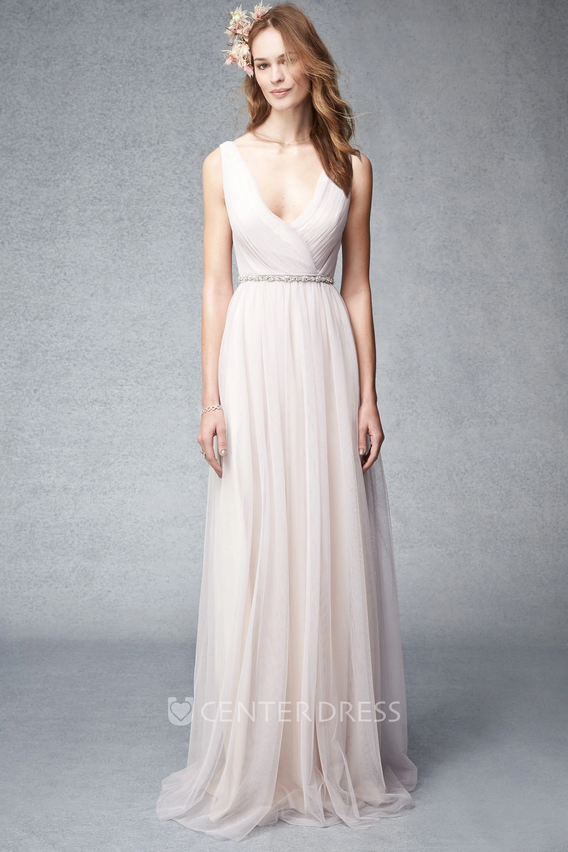 V-Neck Sleeveless Criss-Cross Tulle Bridesmaid Dress