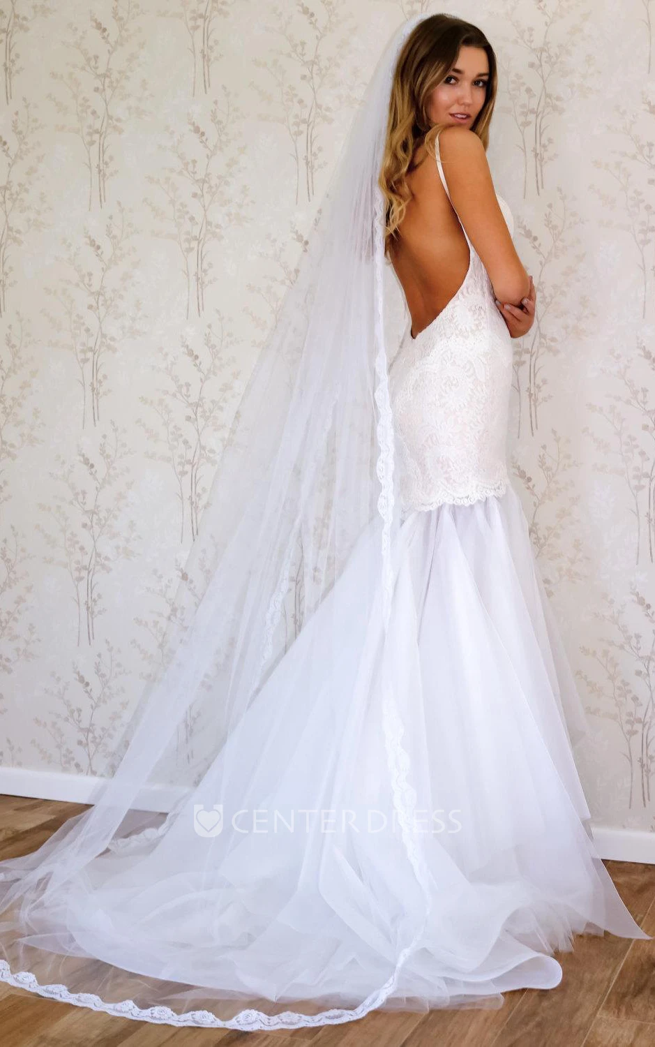 Spaghetti Strap Lace and Tulle Mermaid Wedding Dress
