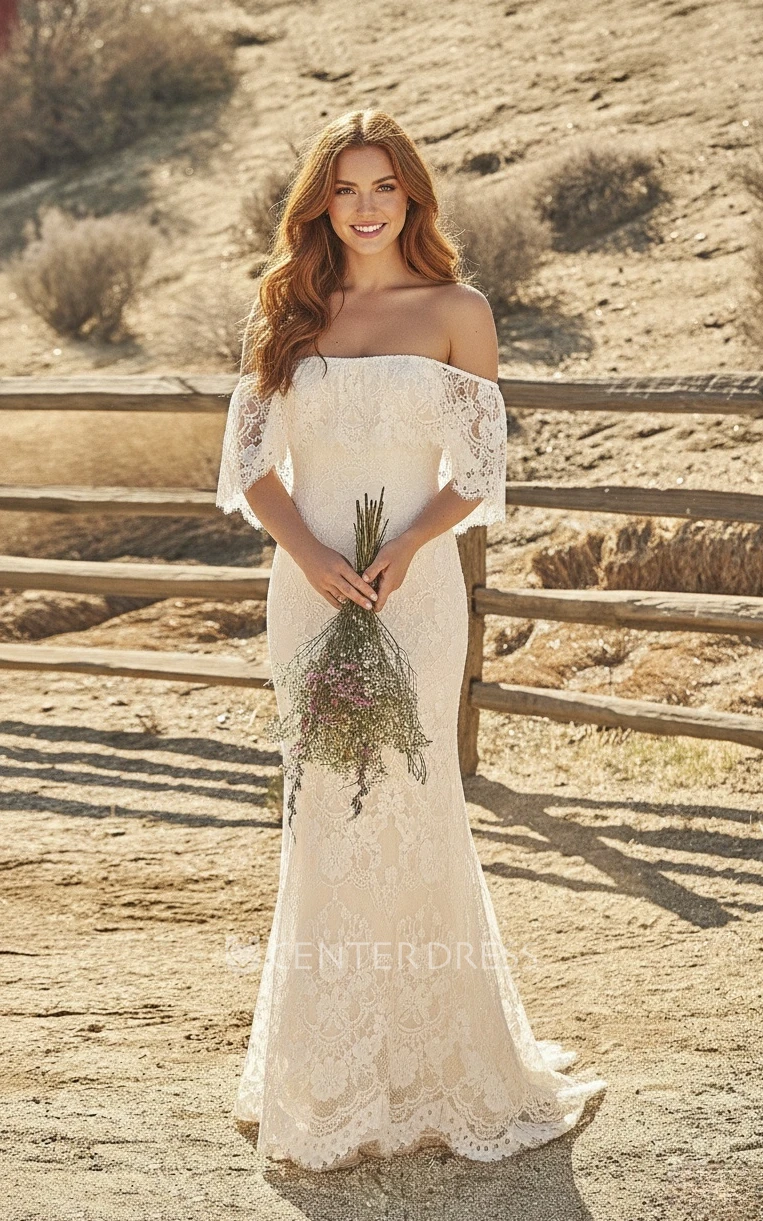 Boho Sheath Off-the-shoulder Lace Spring Wedding Dress Open Back Draping Short Sleeve Bridal Gown with Train