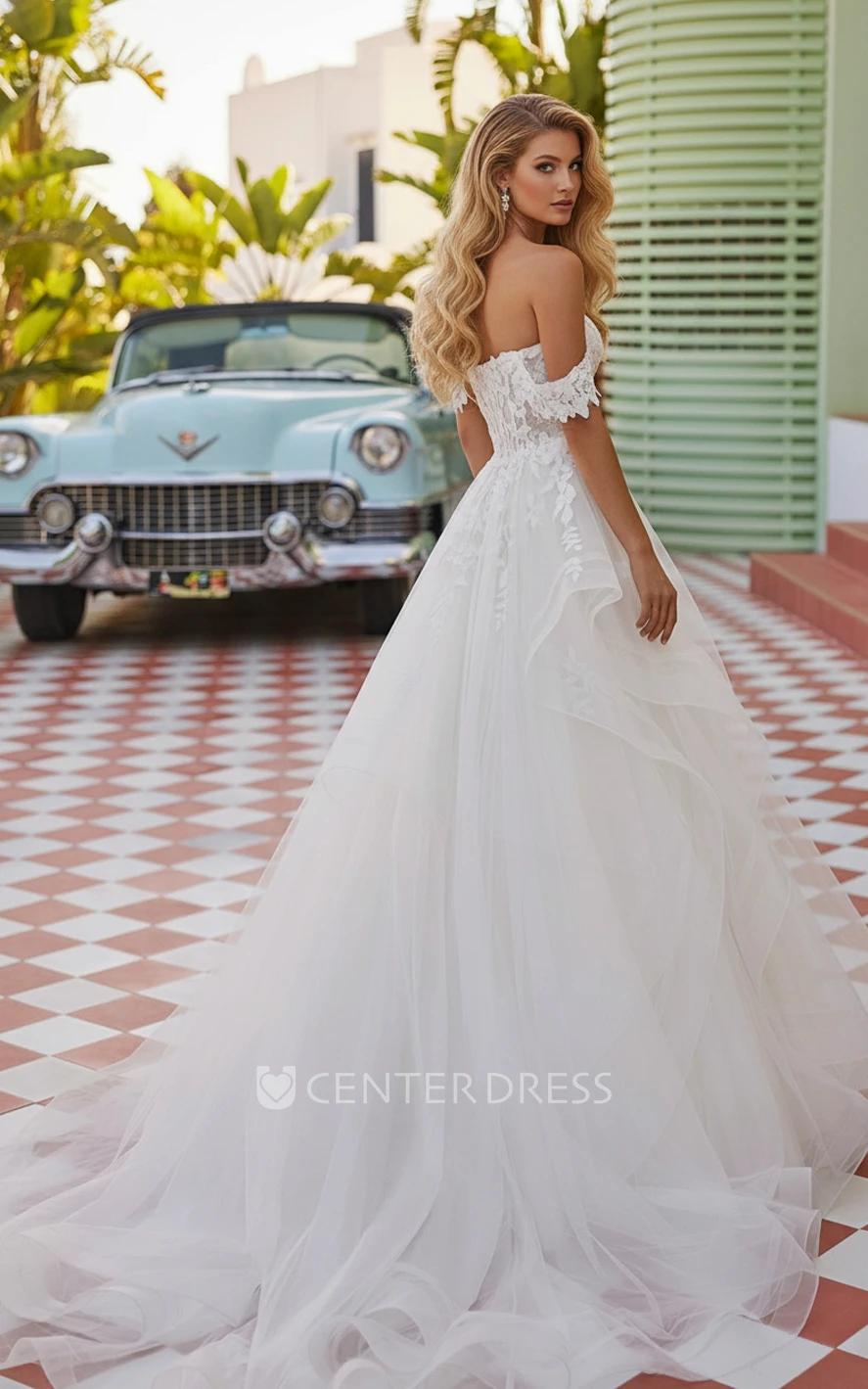 Elegant Tulle Wedding Dress A-Line Off Shoulder Lace Applique Plunge Neck Bridal Gown Court Train