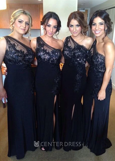 Modern One Shoulder Lace Jersey Bridesmaid Dress Front Split