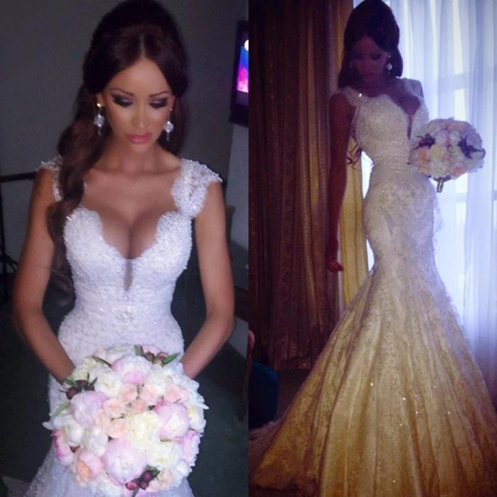 Stunning Straps Lace Mermaid Winter Wedding Dresses Beadings Sequins