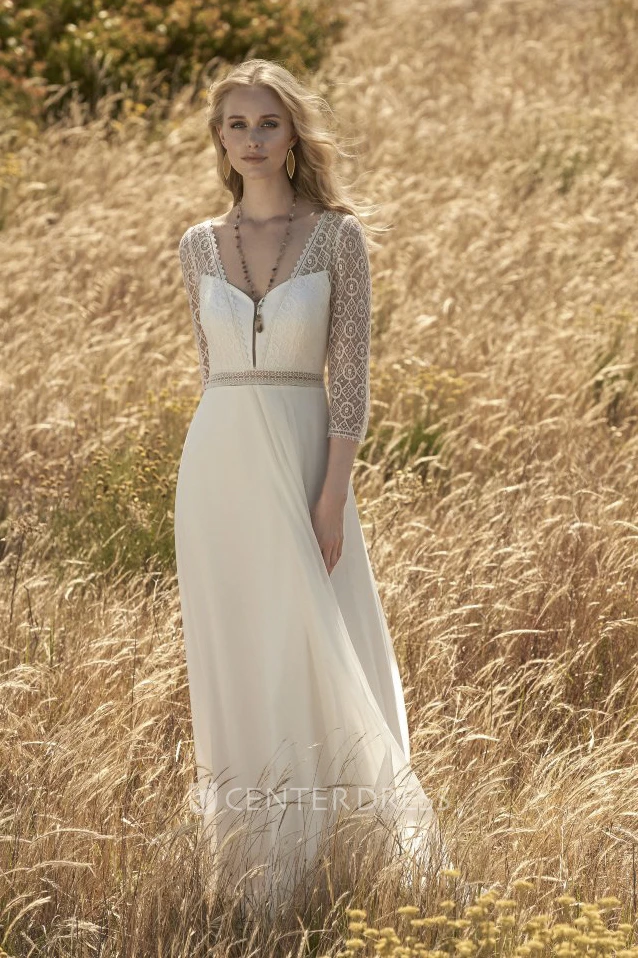 3/4 Sleeve With Lace Top And Keyhole Back Chiffon Elegant Wedding Dress
