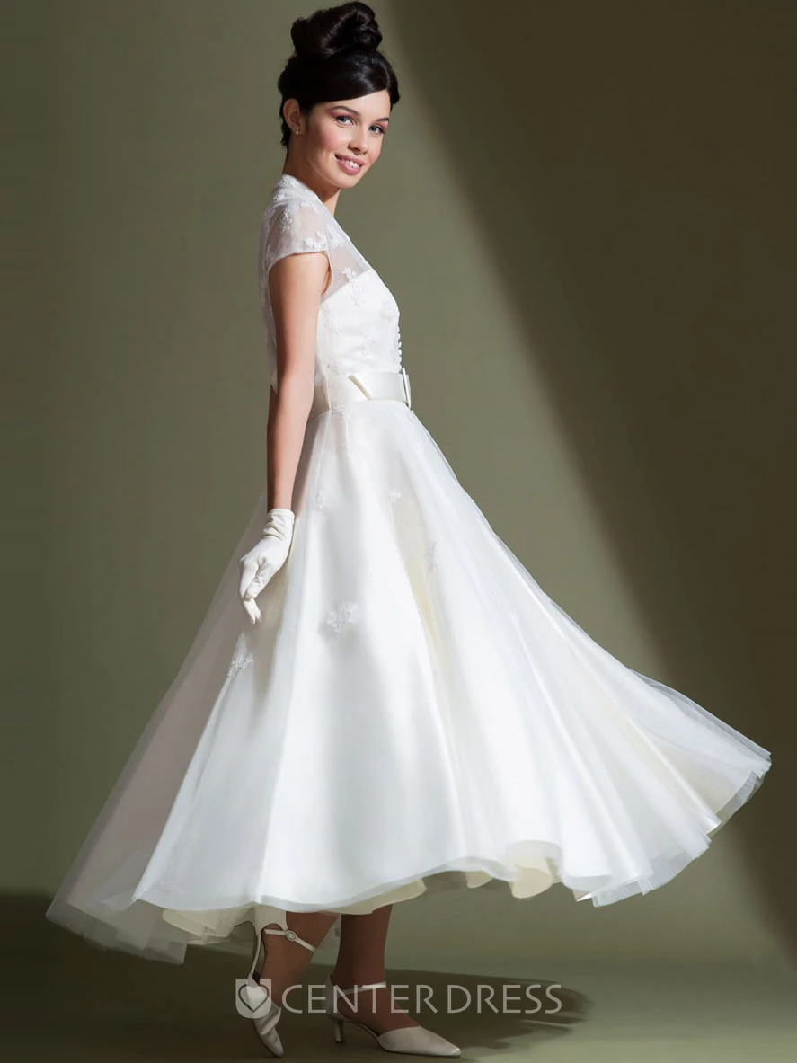 Ankle-Length A-Line V-Neck Cap Sleeve Appliqued Tulle Wedding Dress