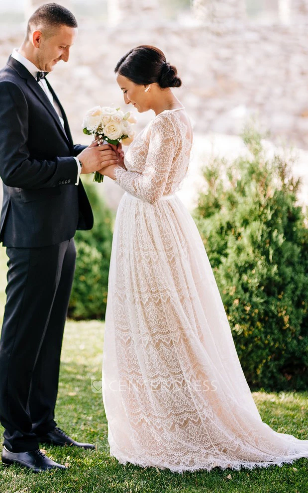 A-Line Lace Modest Warm Wedding Dress With Illusion Sleeve And Open Back