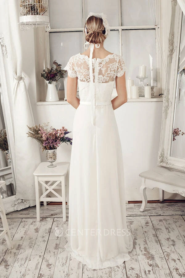 Sheath Cap-Sleeve Scoop-Neck Chiffon Wedding Dress With Lace And Illusion