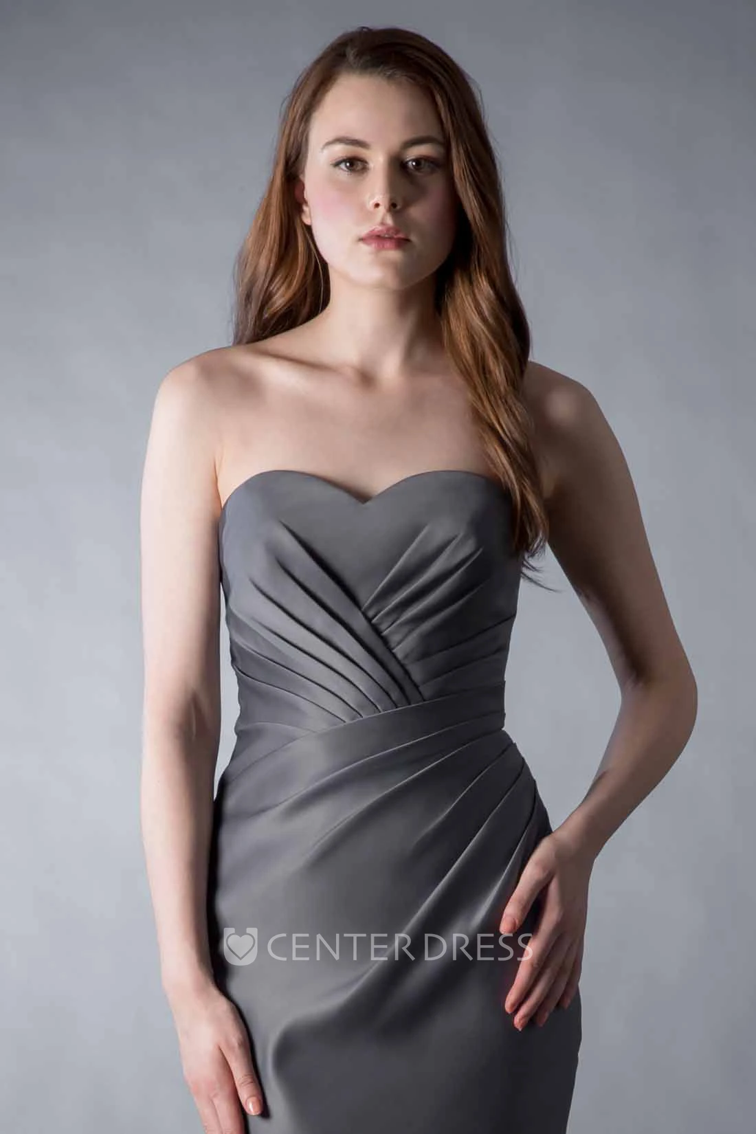 Pencil Knee-Length Ruched Sleeveless Sweetheart Satin Bridesmaid Dress