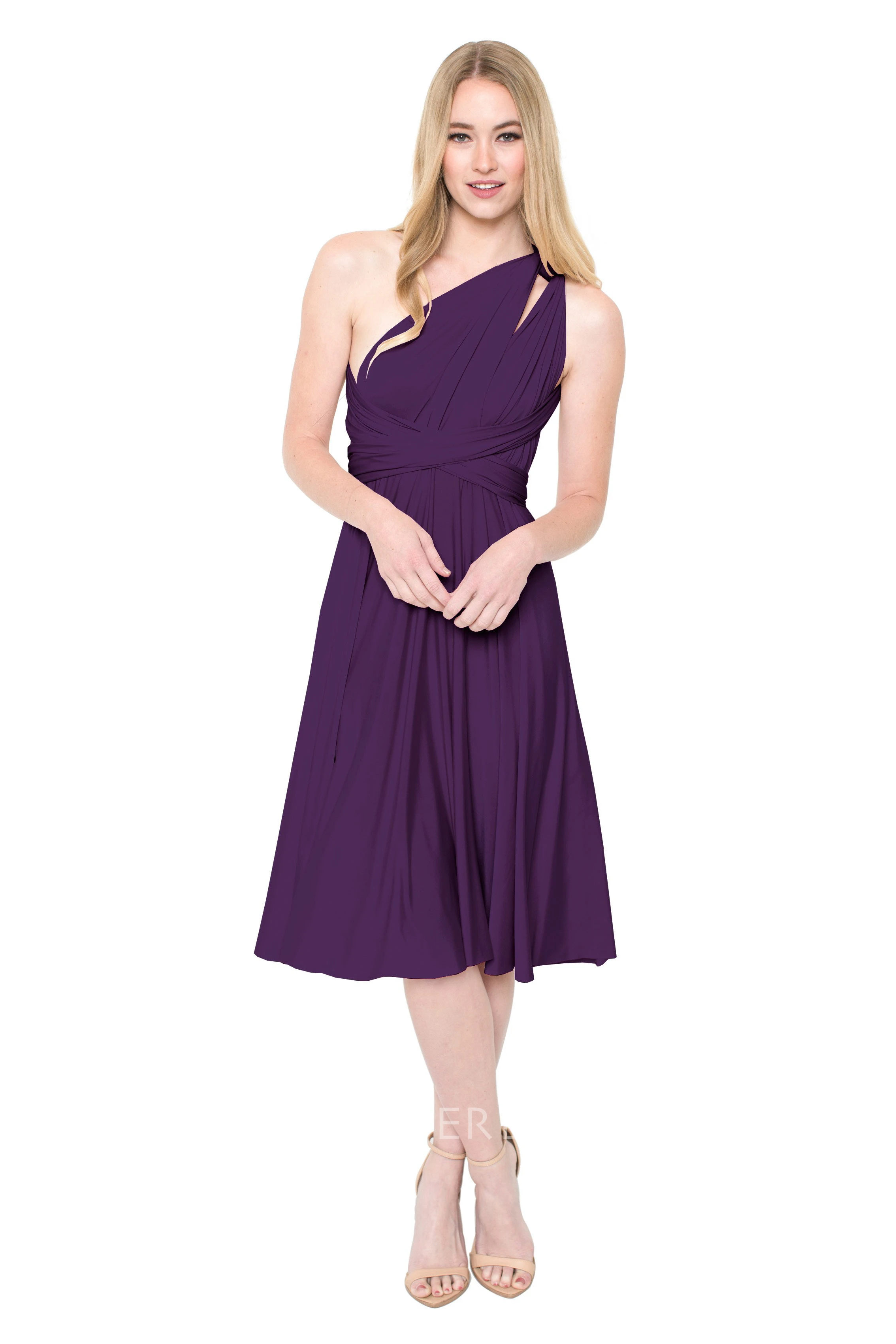 Tea-Length Sleeveless One-Shoulder Ruched Chiffon Muti-Color Convertible Bridesmaid Dress