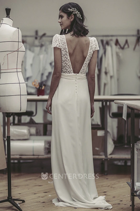 Plunging Puff Sleeve Open Back Cute Lace And Satin Wedding Dress