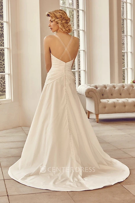 Floor-Length V-Neck Appliqued Satin Wedding Dress With Brush Train And Straps