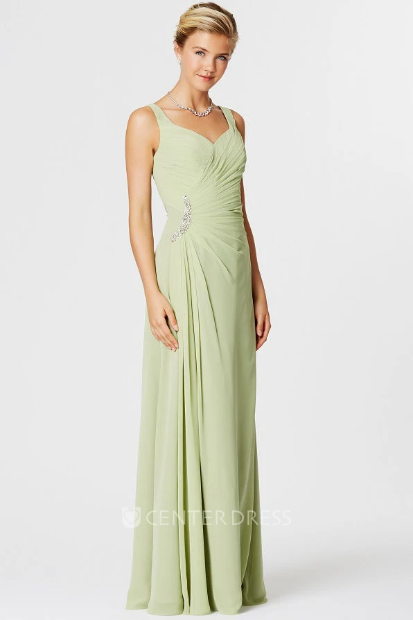 Sleeveless Side-Draped Strapped Chiffon Bridesmaid Dress With Beading