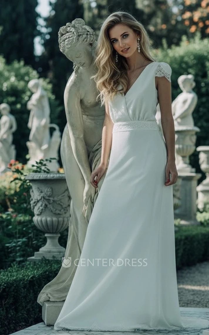 Cap Sleeves A-Line Wedding Dress Casual Boho Lace Bridal Gown with Open Back