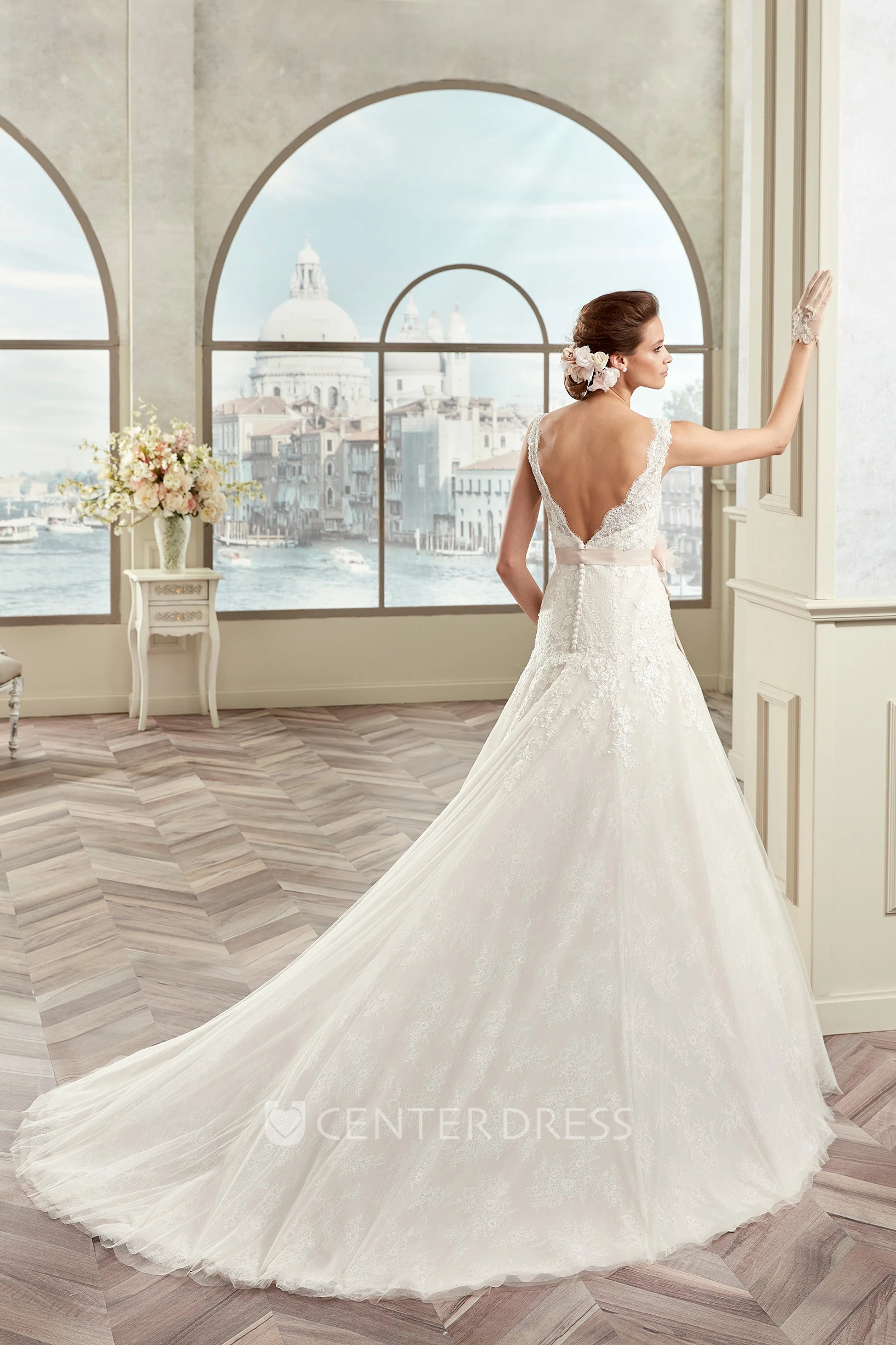 V-Neck Lace Bridal Gown With Floral Sash And Open Back