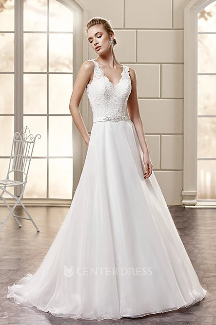 A-Line Floor-Length Appliqued V-Neck Sleeveless Lace&Satin Winter Wedding Dress With Waist Jewellery