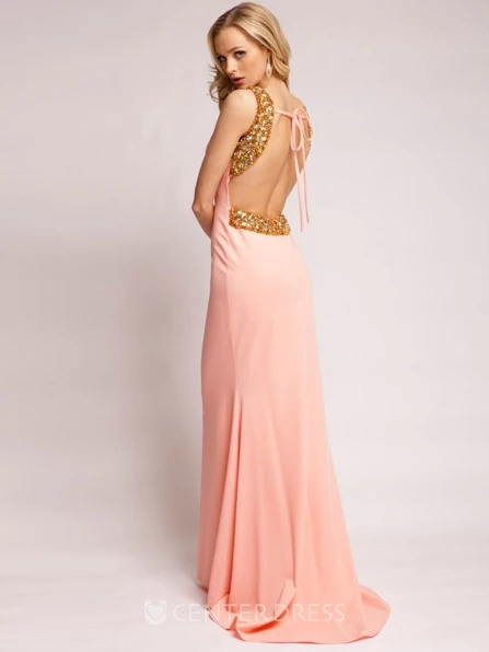 Sheath Sleeveless Floor-Length Scoop-Neck Beaded Jersey Prom Dress With Ruching