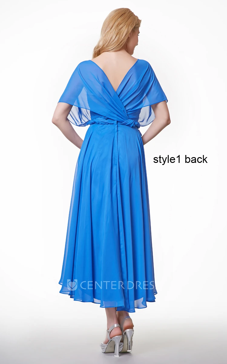 Short Sleeve Ruffled High Low Chiffon Dress With Sash