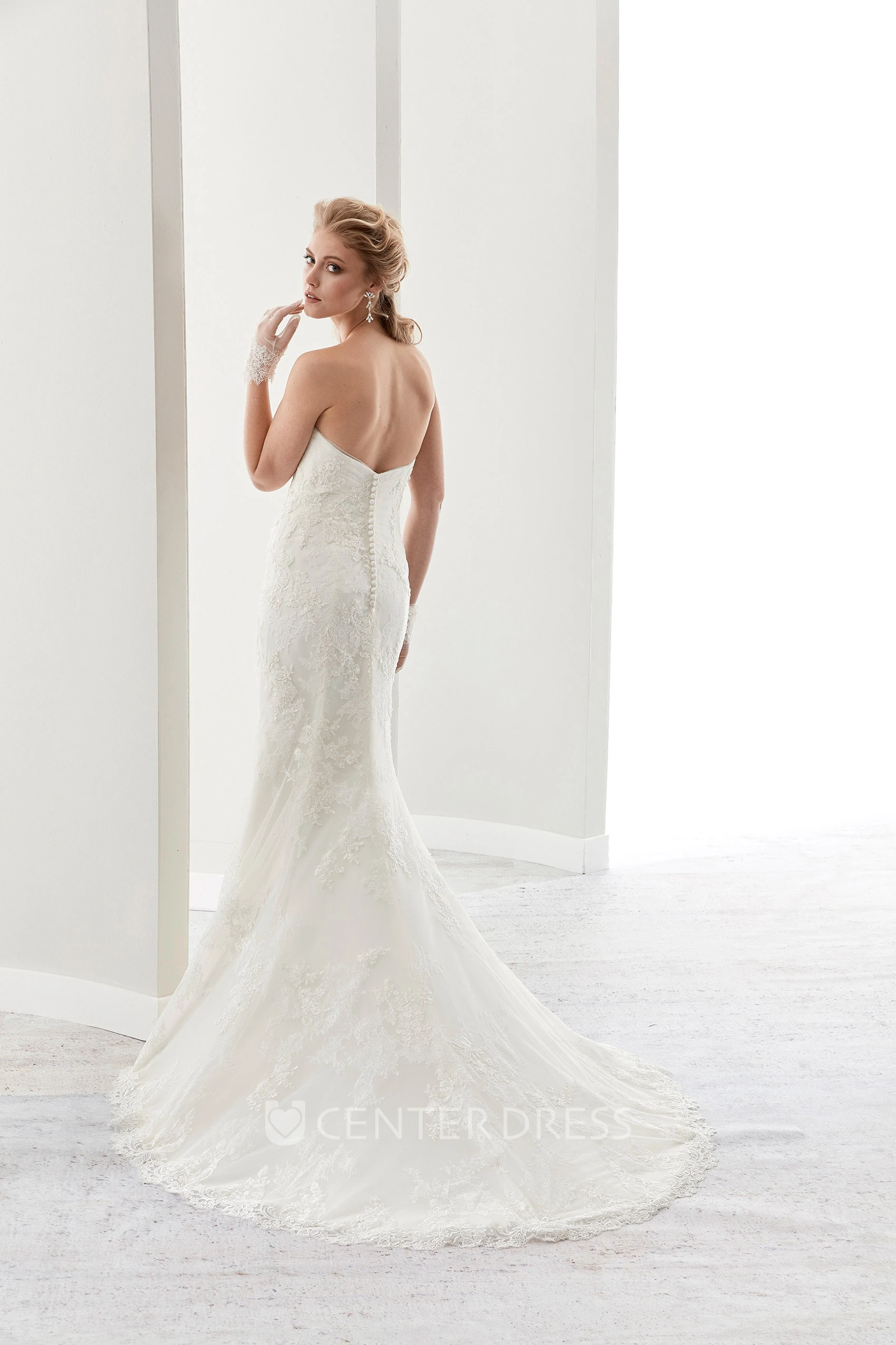 Strapless Lace Sheath Gown With Brush Train And Half Back