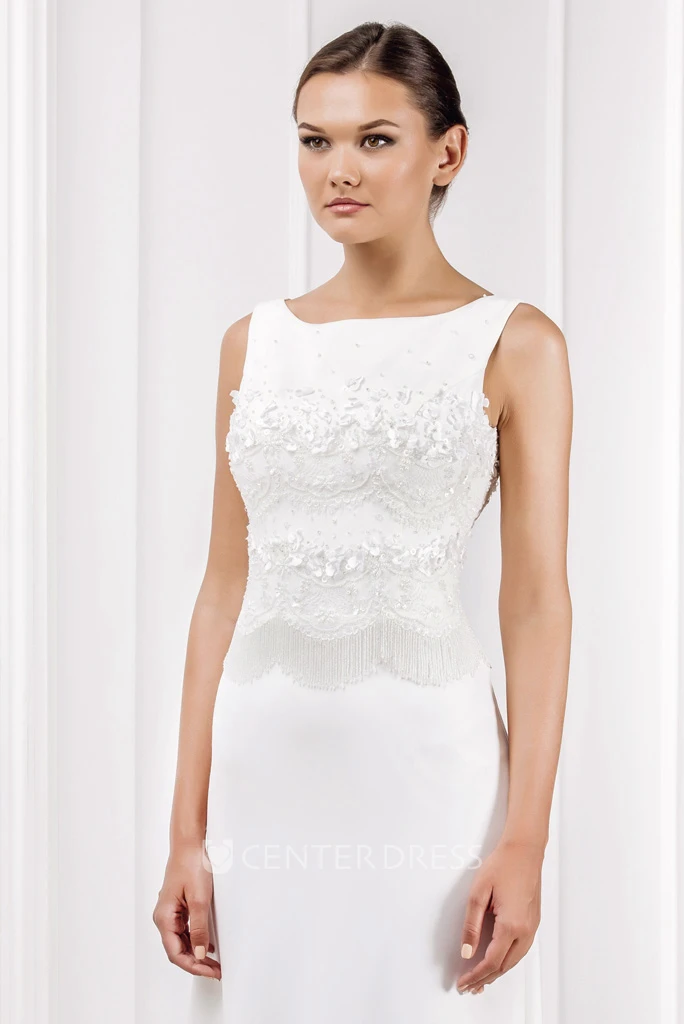 Sheath Bateau Appliqued Sleeveless Floor-Length Satin Wedding Dress With Keyhole Back And Sweep Train