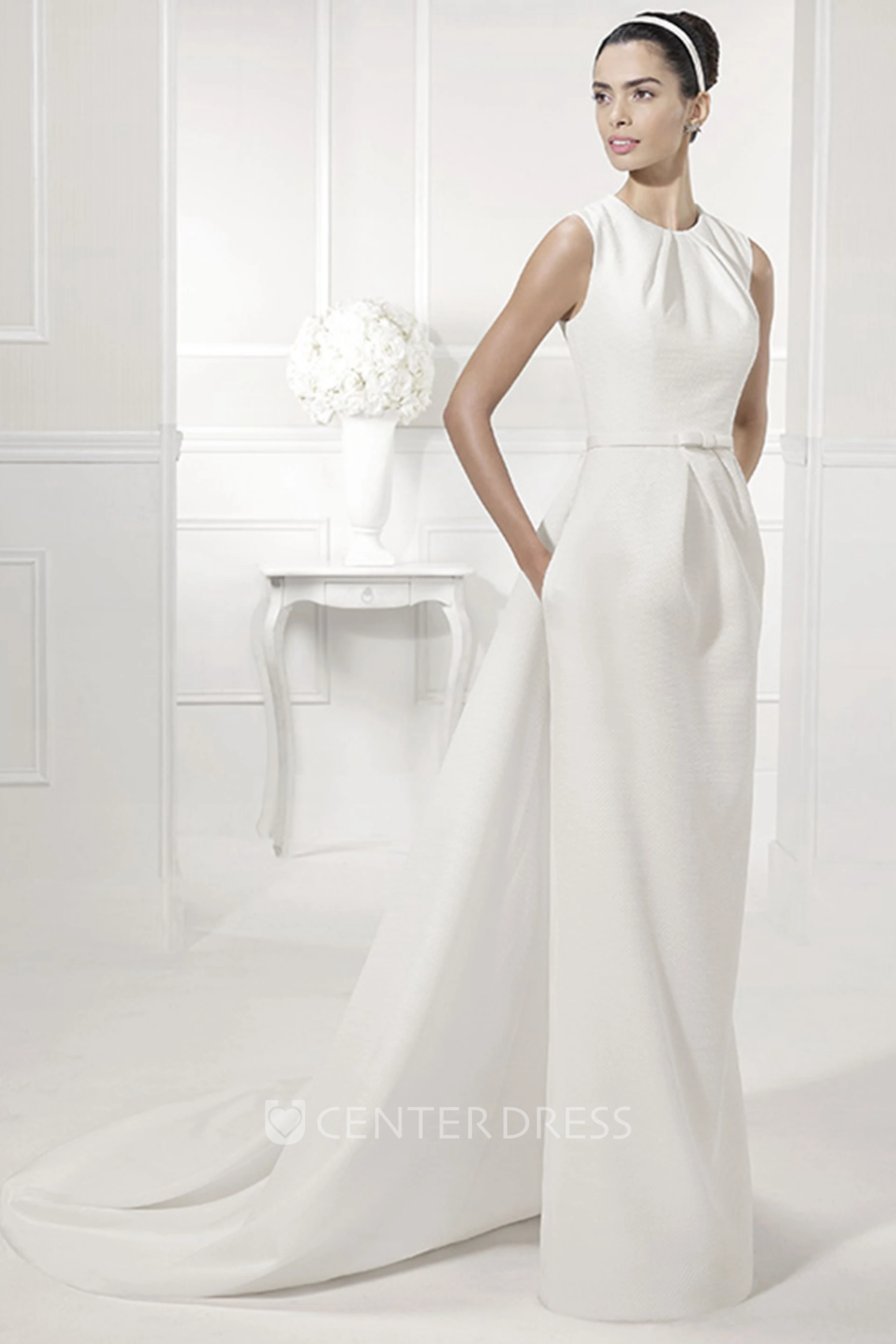 High Neck Sleeveless Sheath Bridal Gown With Belt