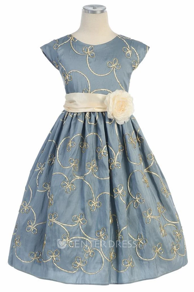 Tea-Length Floral Bowed Cap-Sleeve Taffeta Flower Girl Dress With Embroidery