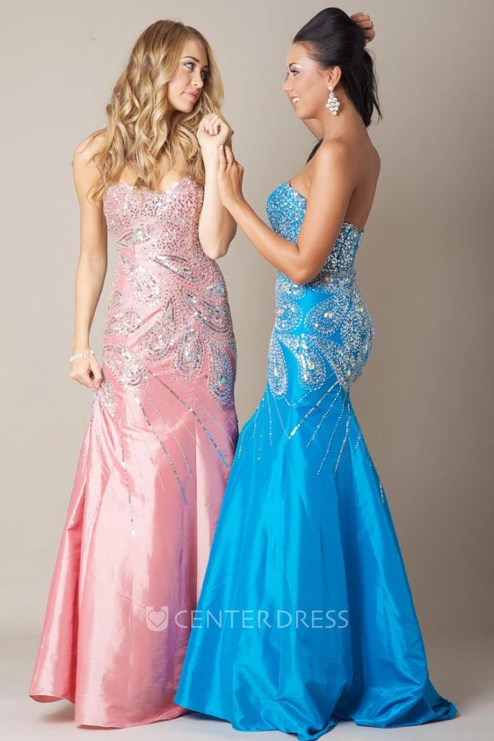Floor-Length Beaded Sweetheart Sleeveless Taffeta Prom Dress