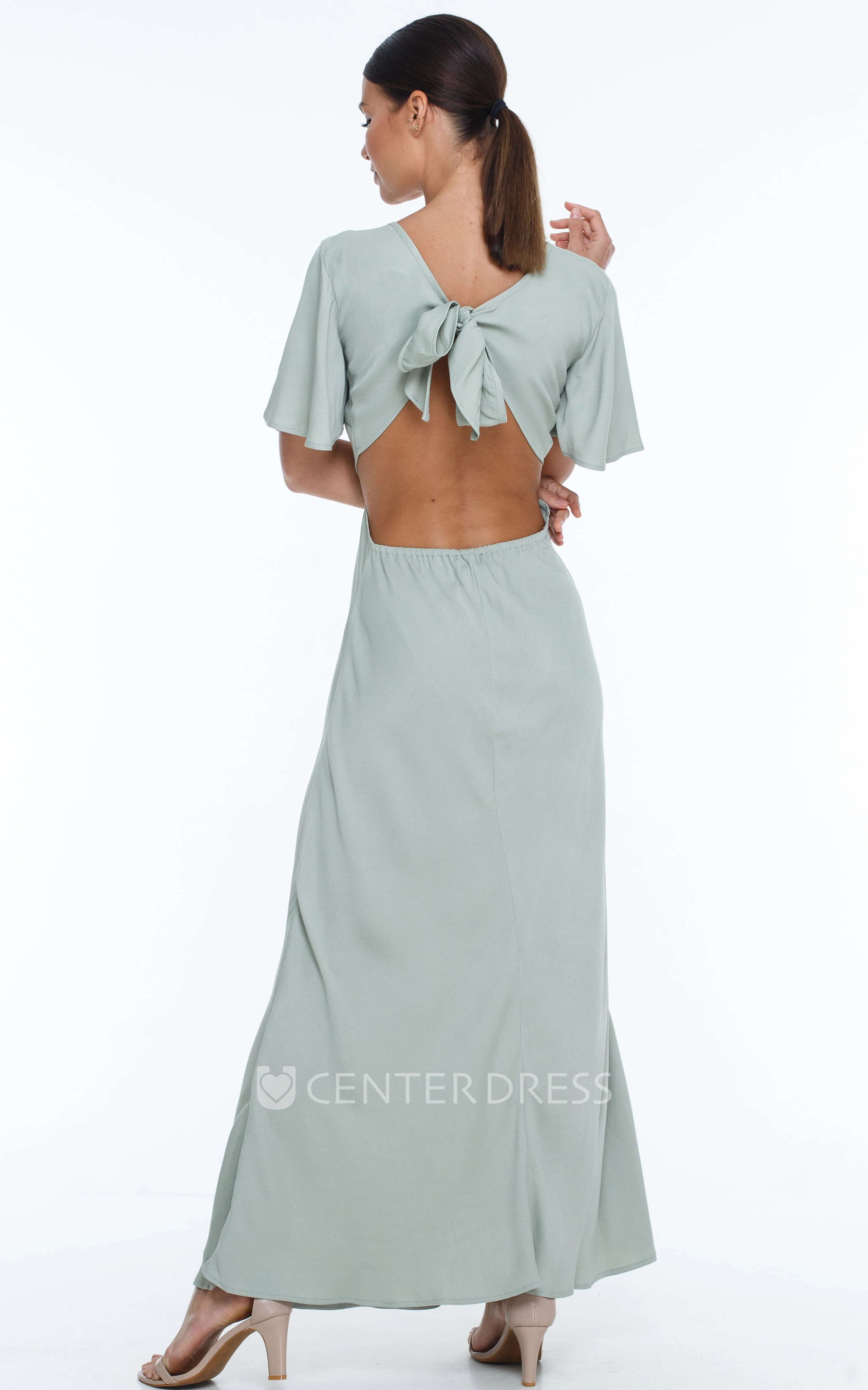 Casual Elegant V-neck Sheath Chiffon Bridesmaid Dress With Open Back And Bow