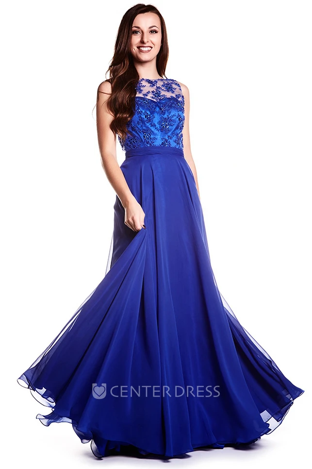 Sheath Sleeveless Jewel Neck Appliqued Chiffon Prom Dress