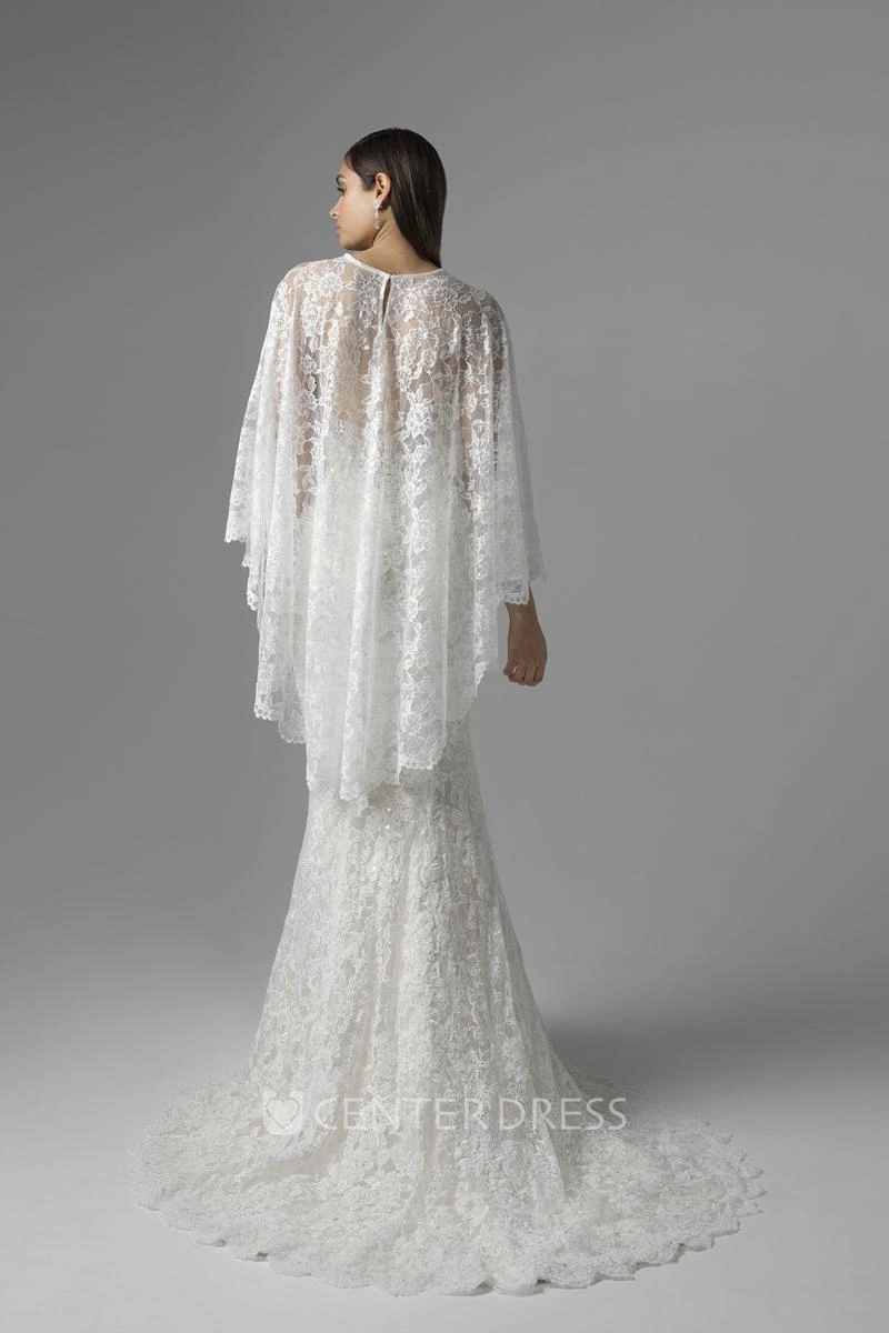 Sheath Appliqued Long Jewel Bat-Sleeve Lace Spring Wedding Dress With Brush Train And Illusion Back
