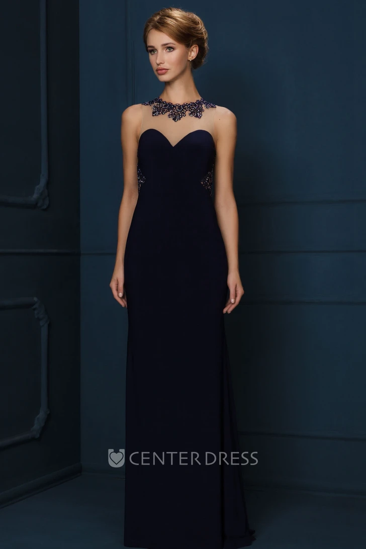 Sheath High-Neck Sleeveless Floor-Length Crystal Jersey Evening Dress
