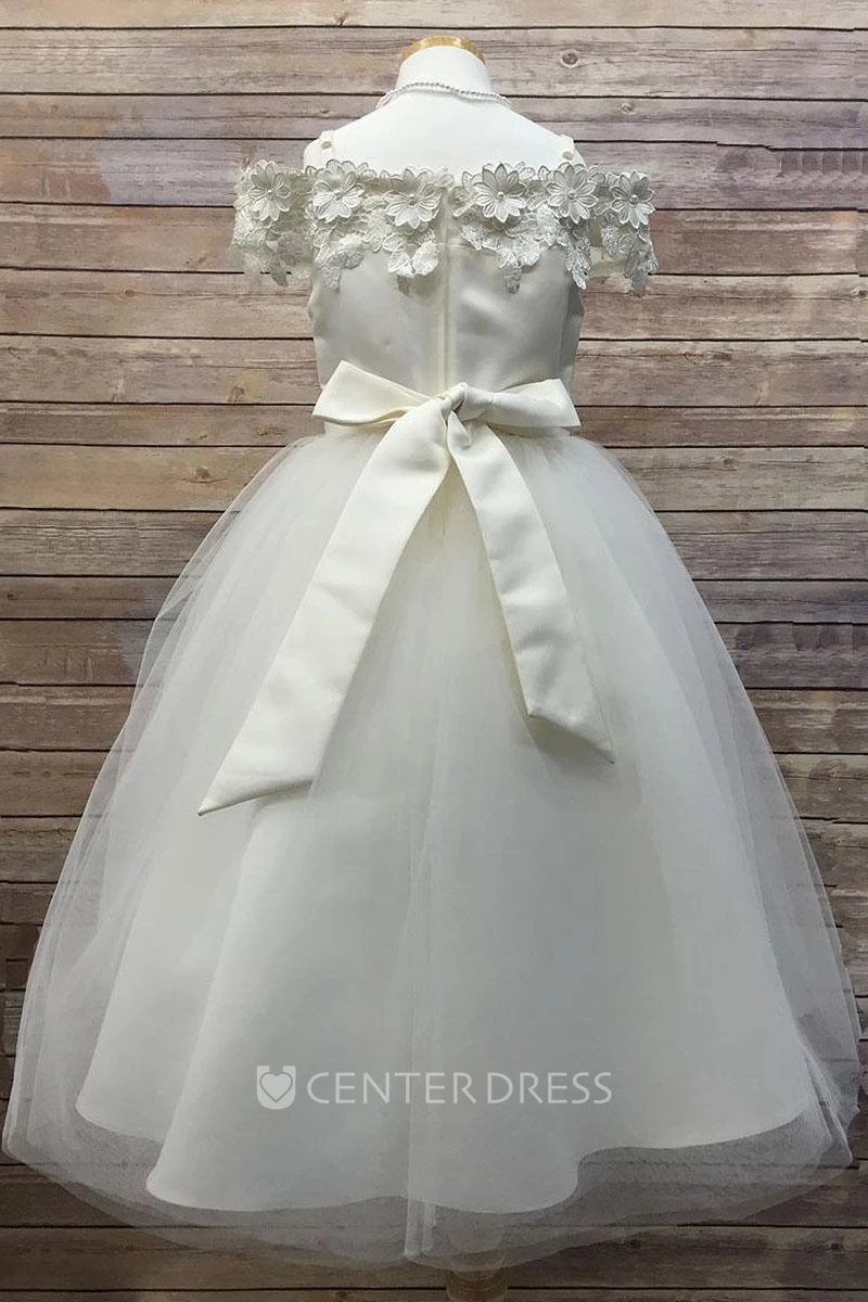 Tea-Length Embroideried Appliqued Floral Tulle&Satin Flower Girl Dress With Sash