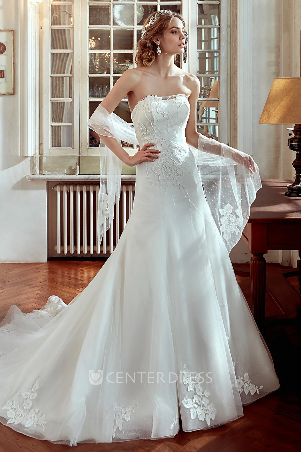 Strapless Wedding Dress With Beaded Appliques and Brush Train  