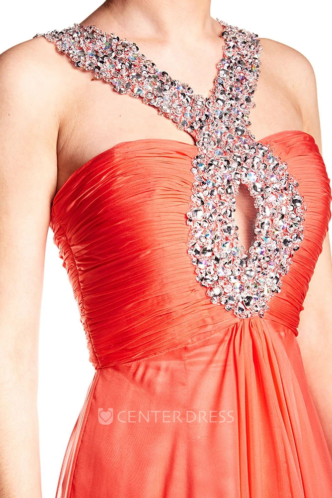 Strapped Beaded Sleeveless Chiffon Prom Dress With Ruching And Beading