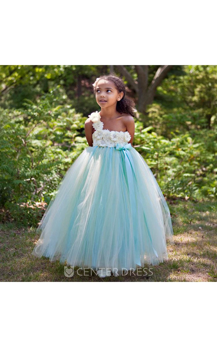 Princess A-Line One Shoulder Ankle Length 3D Floral Flower Girl Dress
