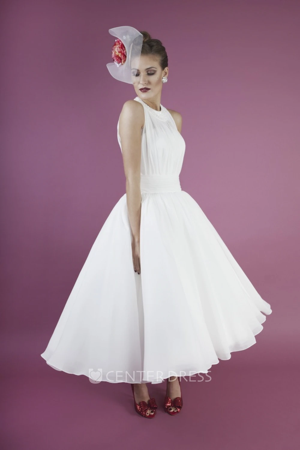 Vintage Chiffon A-line Jewelry Neckline Sleeveless Dress With Sash And Pleats